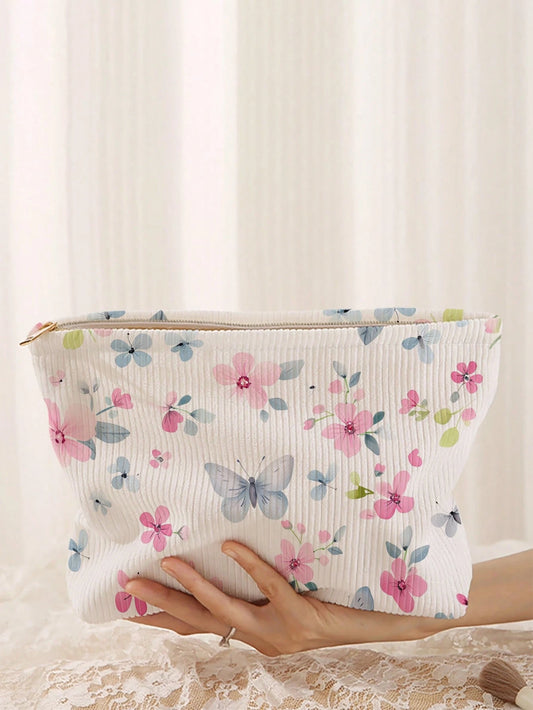 1pc Portable Butterfly & Flower Pattern Dual-Sided Printed Zipper Makeup Bag, Multifunctional Travel Toiletry Organizer Pouch,Fall Decor,Autumn Decor,Room Decor