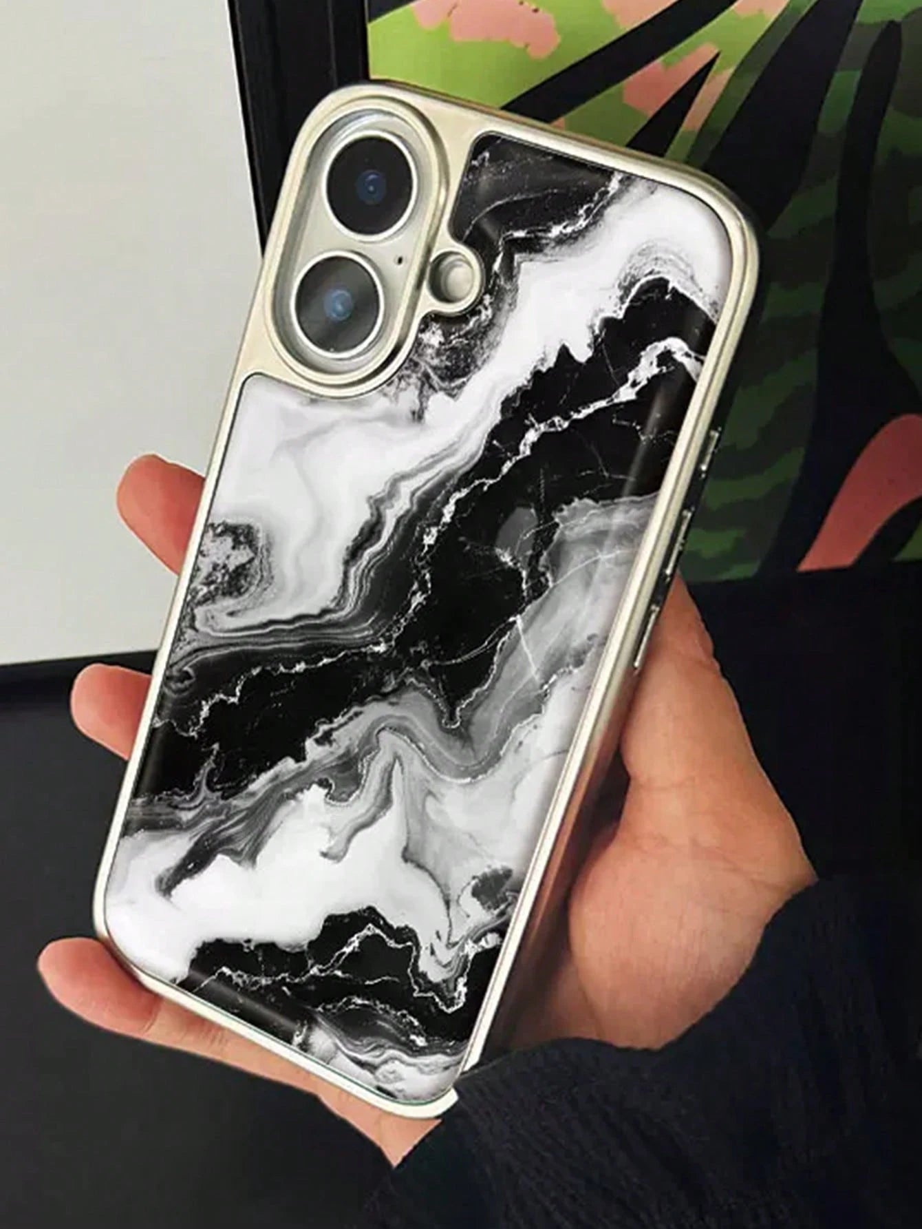 1pc Precise Camera Cutout Electroplated Edge Glossy Back Phone Case Classic Black White Marbling Pattern Anti-Scratch Full Wrap Protective Shell Unisex Daily Cellphone Case Compatible With IPhone 11 1