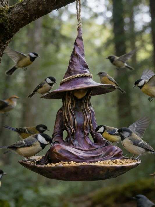 1pc Purple Witch Hanging Bird Feeder, Gothic Forest Style Resin Faceless Witch Statue With Pointed Hat And Flowing Hair, Tray-Shaped Wild Bird Food Container With Rope Hanger, Tree-Hanging Halloween A
