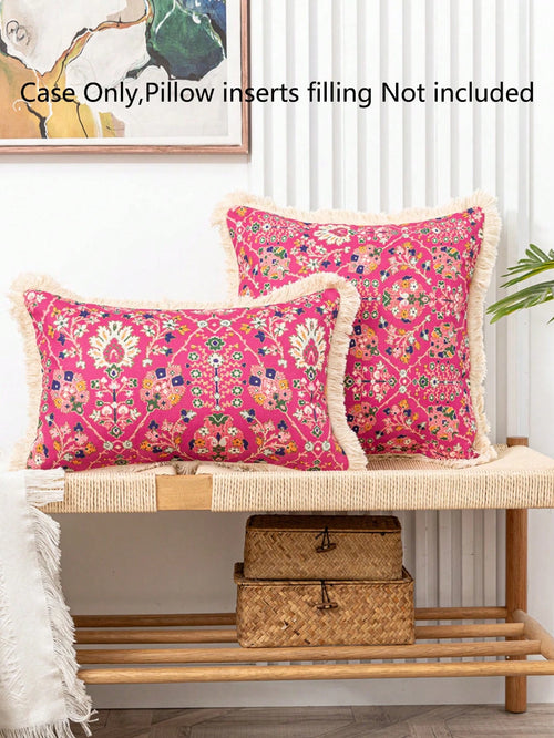 1pc Retro Linen Style Floral Print Pillowcase With Tassel Trim, Home Decor Cushion Cover For Sofa Or Bed, No Filling