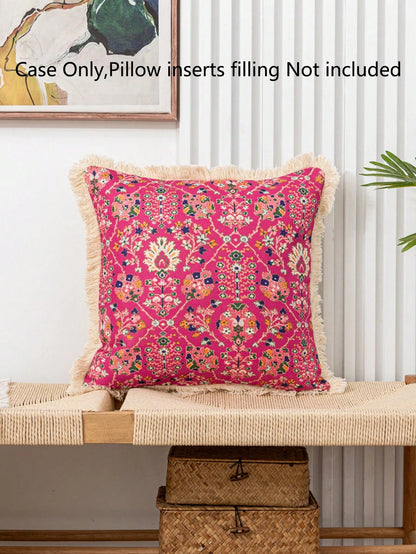 1pc Retro Linen Style Floral Print Pillowcase With Tassel Trim, Home Decor Cushion Cover For Sofa Or Bed, No Filling