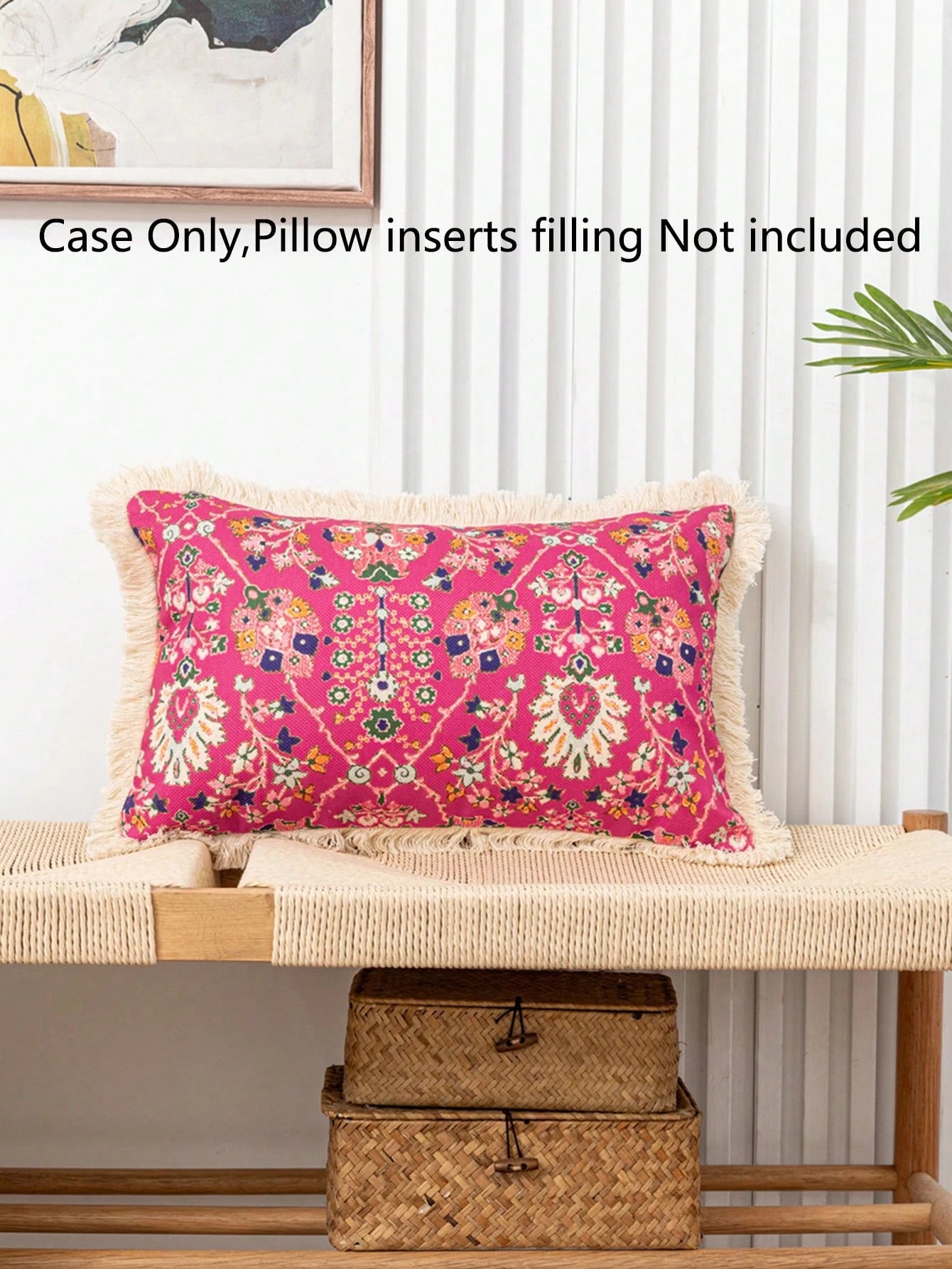 1pc Retro Linen Style Floral Print Pillowcase With Tassel Trim, Home Decor Cushion Cover For Sofa Or Bed, No Filling
