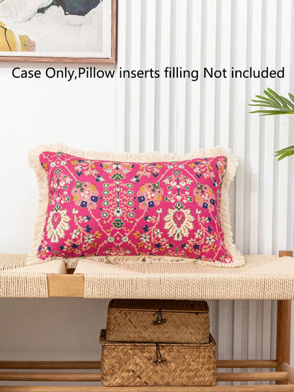 1pc Retro Linen Style Floral Print Pillowcase With Tassel Trim, Home Decor Cushion Cover For Sofa Or Bed, No Filling