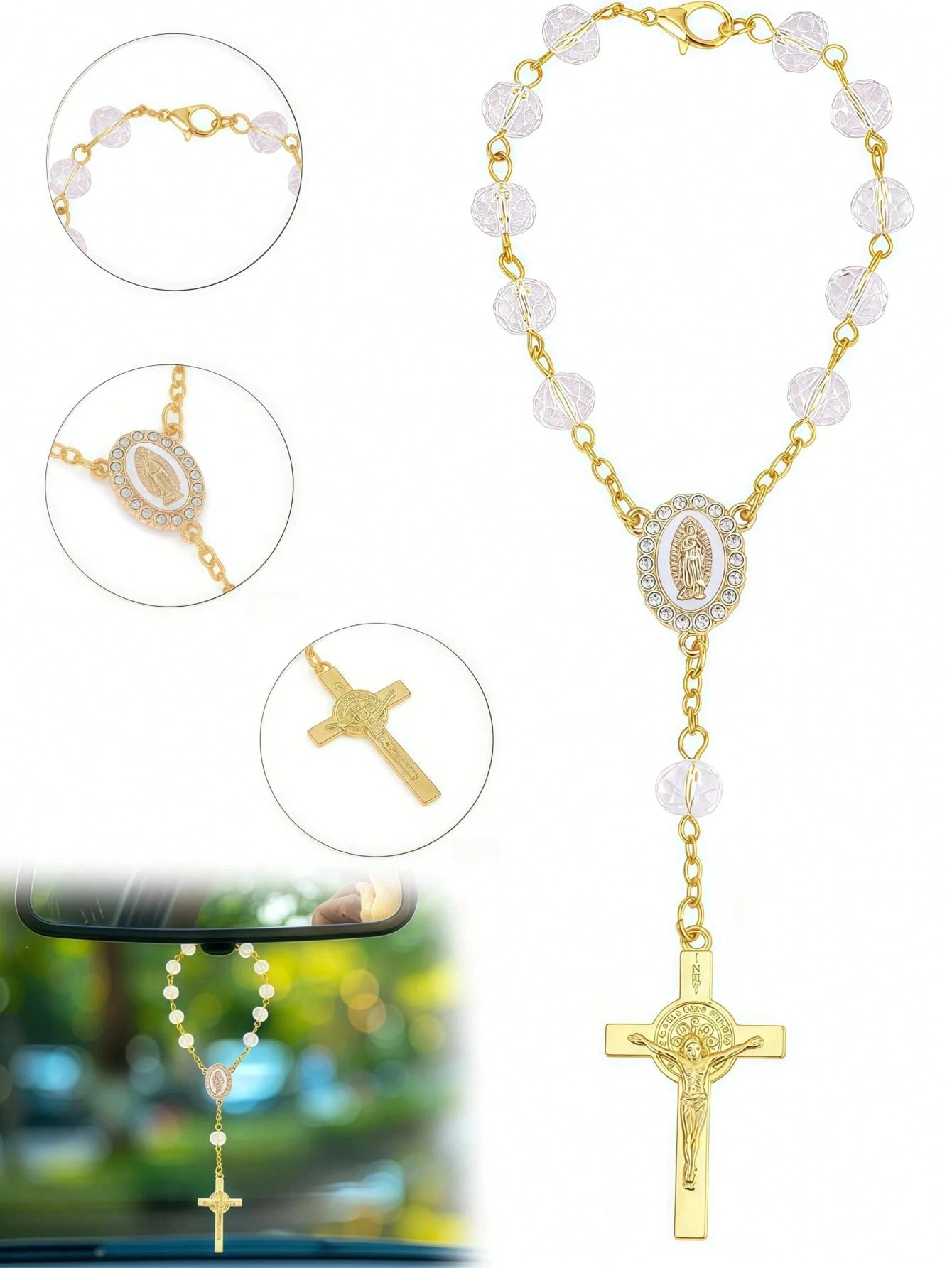 1pc Rosary Cross Baptism Bracelet Hanging Decor, Handmade Cross Car Rearview Mirror Pendant, Women Car Accessory
