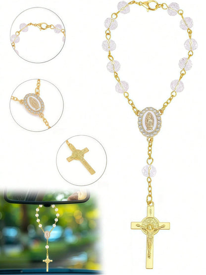 1pc Rosary Cross Baptism Bracelet Hanging Decor, Handmade Cross Car Rearview Mirror Pendant, Women Car Accessory