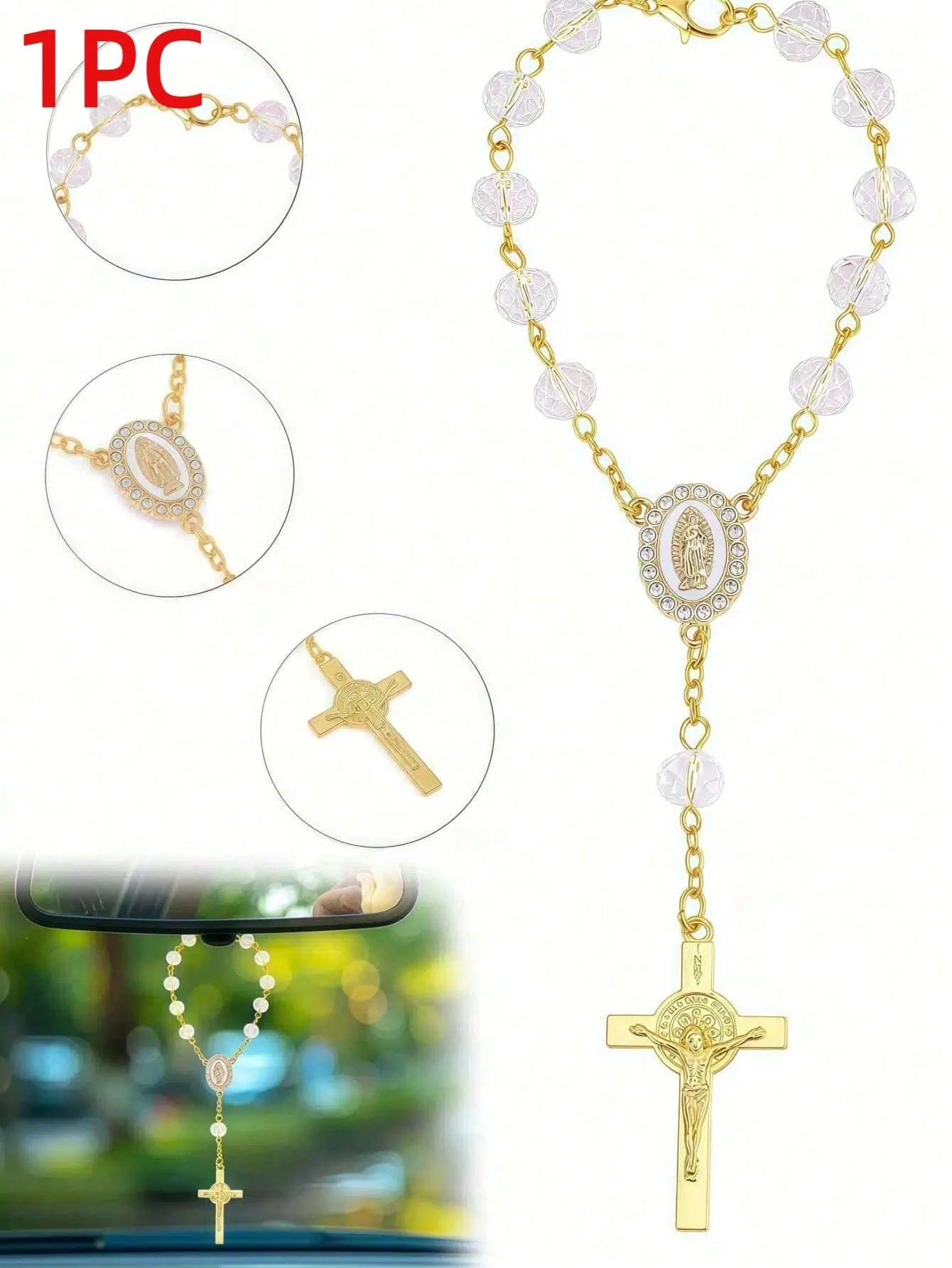 1pc Rosary Cross Baptism Bracelet Hanging Decor, Handmade Cross Car Rearview Mirror Pendant, Women Car Accessory