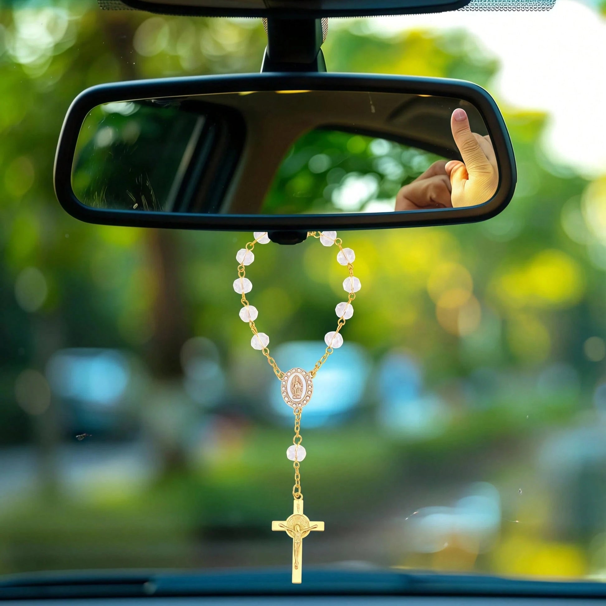 1pc Rosary Cross Baptism Bracelet Hanging Decor, Handmade Cross Car Rearview Mirror Pendant, Women Car Accessory