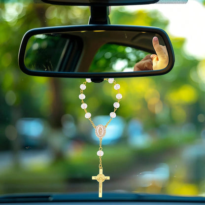 1pc Rosary Cross Baptism Bracelet Hanging Decor, Handmade Cross Car Rearview Mirror Pendant, Women Car Accessory