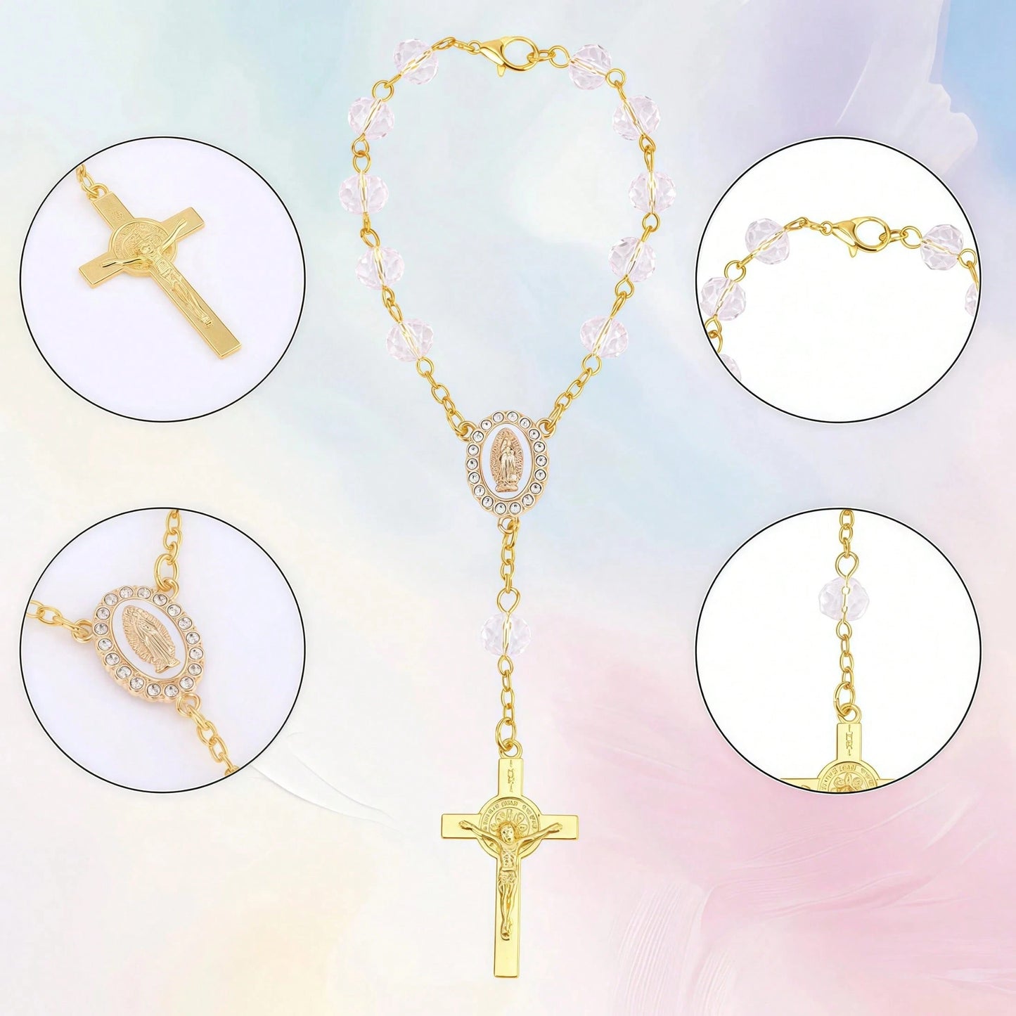 1pc Rosary Cross Baptism Bracelet Hanging Decor, Handmade Cross Car Rearview Mirror Pendant, Women Car Accessory