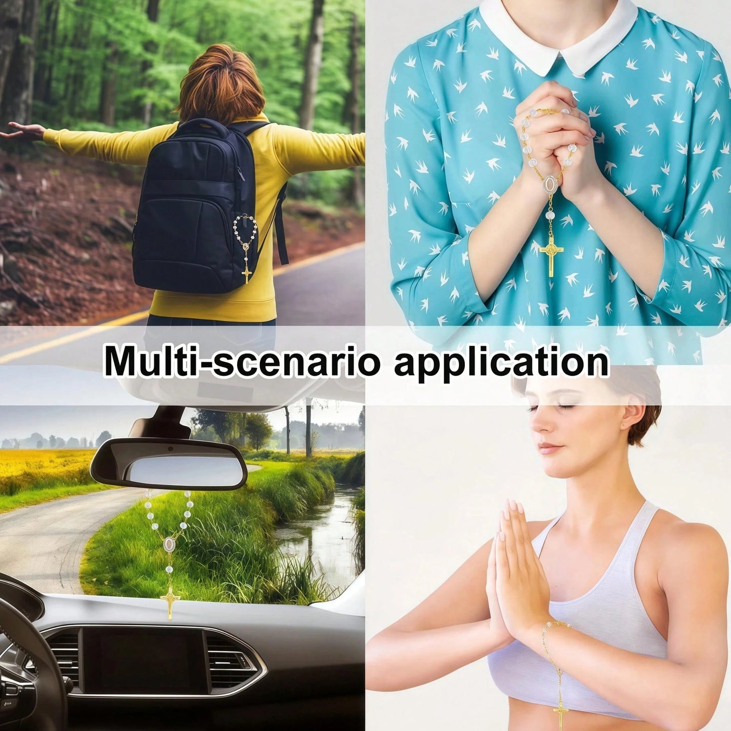 1pc Rosary Cross Baptism Bracelet Hanging Decor, Handmade Cross Car Rearview Mirror Pendant, Women Car Accessory