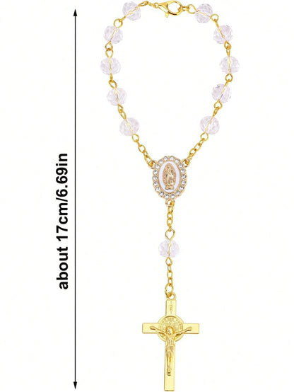 1pc Rosary Cross Baptism Bracelet Hanging Decor, Handmade Cross Car Rearview Mirror Pendant, Women Car Accessory