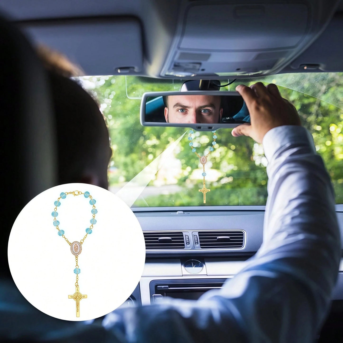 1pc Rosary Cross Baptism Bracelet Hanging Decor, Handmade Cross Car Rearview Mirror Pendant, Women Car Accessory