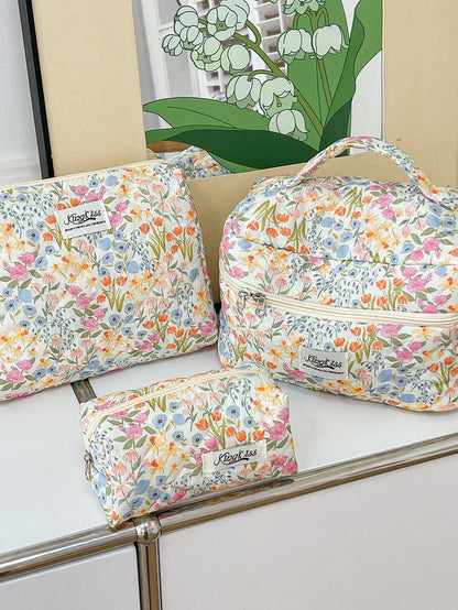 1pc/Set Colorful Floral Print Girls Makeup Bag With Zipper, Suitable For Skincare, Cosmetics, Lip Gloss, Sunscreen, Hand Cream, Coins, Daily Commute, Travel, Cruise, Dorm Essentials Storage Bag, Perfe