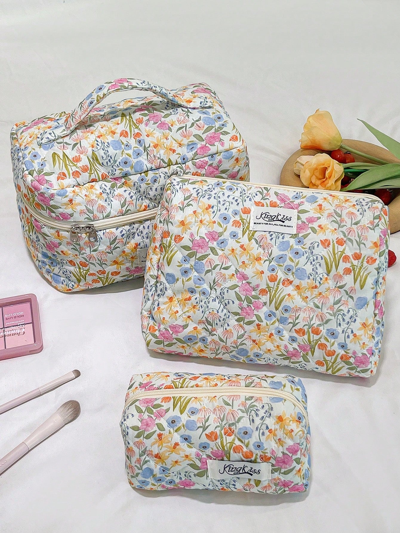 1pc/Set Colorful Floral Print Girls Makeup Bag With Zipper, Suitable For Skincare, Cosmetics, Lip Gloss, Sunscreen, Hand Cream, Coins, Daily Commute, Travel, Cruise, Dorm Essentials Storage Bag, Perfe