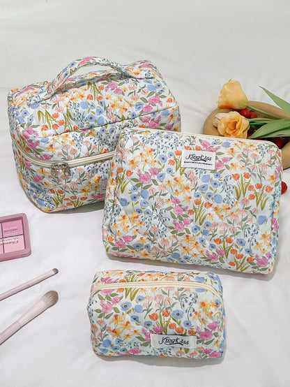1pc/Set Colorful Floral Print Girls Makeup Bag With Zipper, Suitable For Skincare, Cosmetics, Lip Gloss, Sunscreen, Hand Cream, Coins, Daily Commute, Travel, Cruise, Dorm Essentials Storage Bag, Perfe