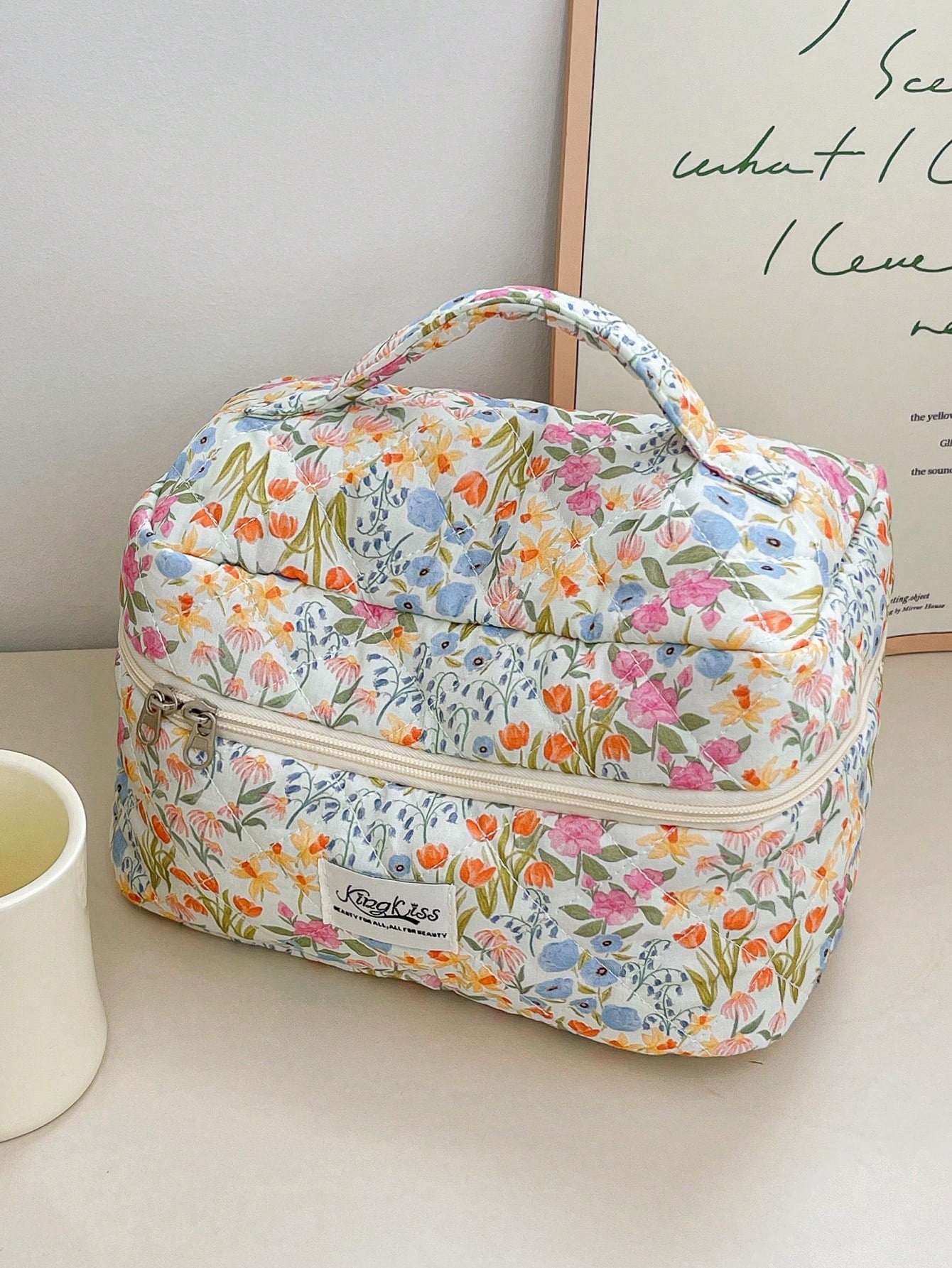 1pc/Set Colorful Floral Print Girls Makeup Bag With Zipper, Suitable For Skincare, Cosmetics, Lip Gloss, Sunscreen, Hand Cream, Coins, Daily Commute, Travel, Cruise, Dorm Essentials Storage Bag, Perfe