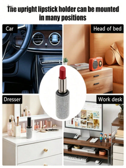 1pc Shiny Rhinestone Car Lipstick Holder- Portable Wall-Mounted Cosmetic Storage Box With Adhesive Backing, Car Accessory, Nail Art Supplies, Travel Essential, Room Decor, Nail Storage Box
