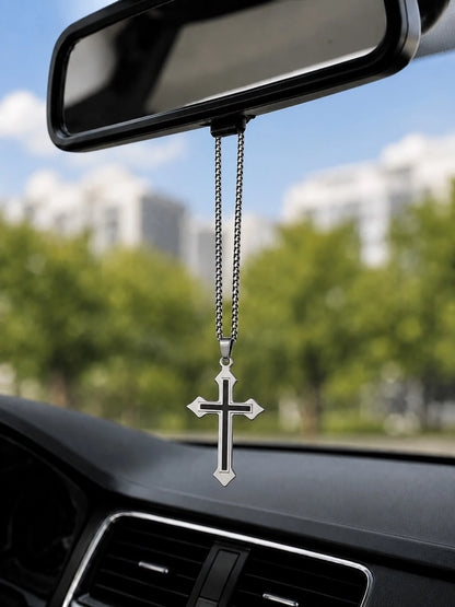 1pc Silver Dual-Tone Stainless Steel Cross Pendant Car Rearview Mirror Hanging Ornament, Box Chain Cross Pendant Car Interior Accessory, Multi-Purpose Car Interior Decorative Hanging Ornament, Also Ca
