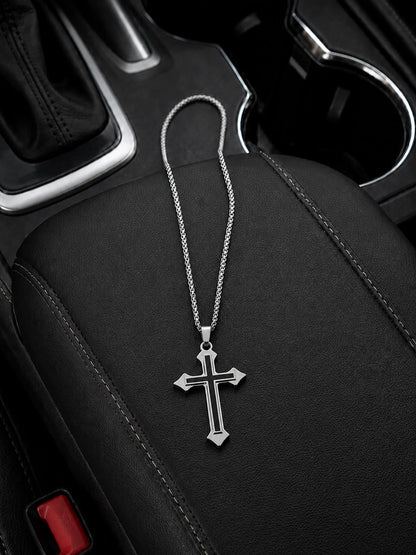 1pc Silver Dual-Tone Stainless Steel Cross Pendant Car Rearview Mirror Hanging Ornament, Box Chain Cross Pendant Car Interior Accessory, Multi-Purpose Car Interior Decorative Hanging Ornament, Also Ca