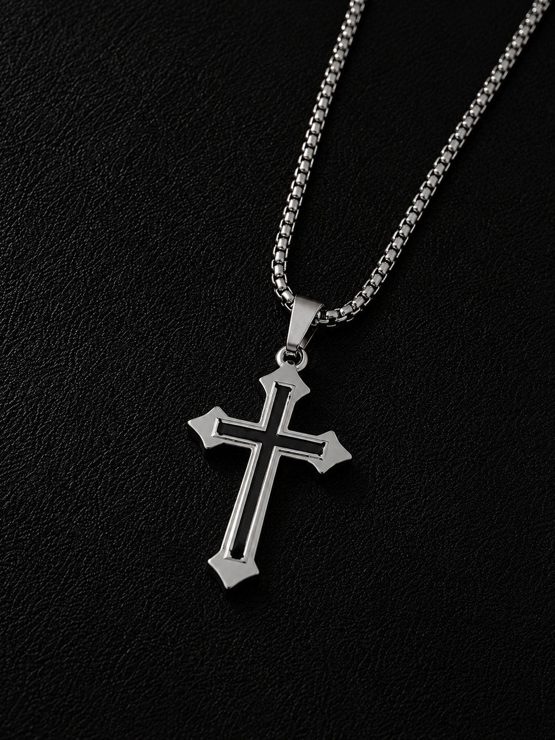 1pc Silver Dual-Tone Stainless Steel Cross Pendant Car Rearview Mirror Hanging Ornament, Box Chain Cross Pendant Car Interior Accessory, Multi-Purpose Car Interior Decorative Hanging Ornament, Also Ca