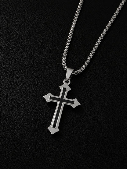 1pc Silver Dual-Tone Stainless Steel Cross Pendant Car Rearview Mirror Hanging Ornament, Box Chain Cross Pendant Car Interior Accessory, Multi-Purpose Car Interior Decorative Hanging Ornament, Also Ca