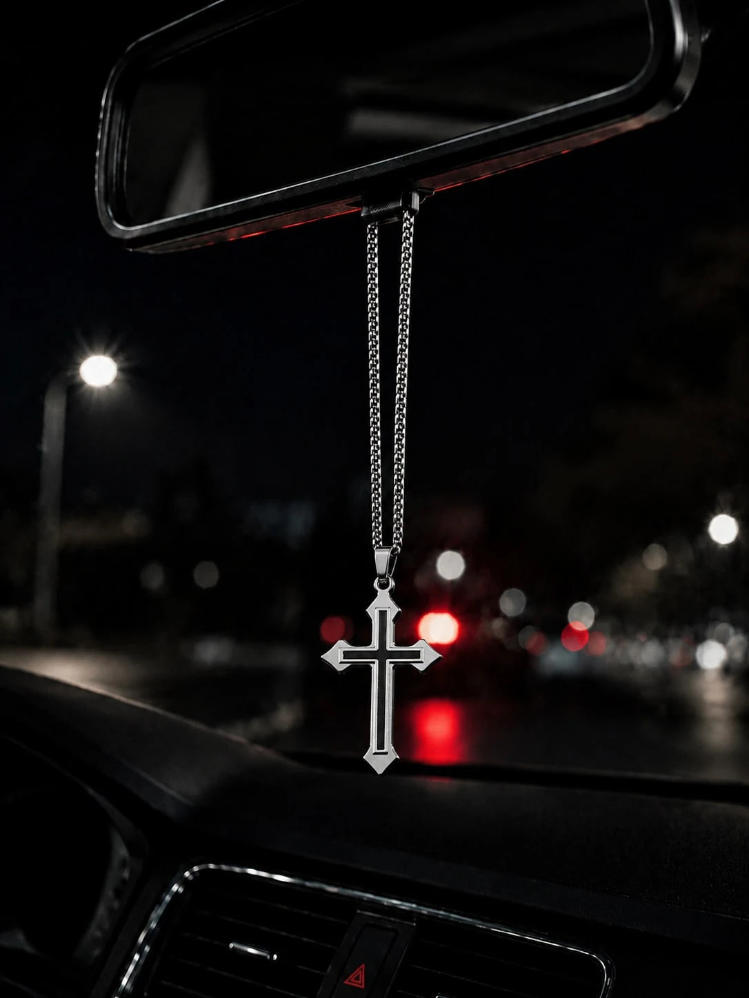 1pc Silver Dual-Tone Stainless Steel Cross Pendant Car Rearview Mirror Hanging Ornament, Box Chain Cross Pendant Car Interior Accessory, Multi-Purpose Car Interior Decorative Hanging Ornament, Also Ca