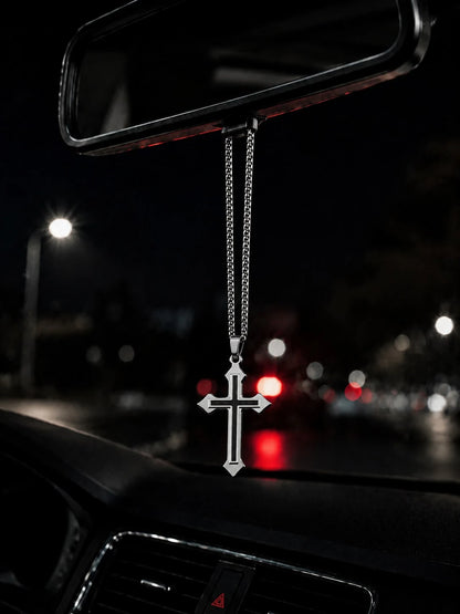 1pc Silver Dual-Tone Stainless Steel Cross Pendant Car Rearview Mirror Hanging Ornament, Box Chain Cross Pendant Car Interior Accessory, Multi-Purpose Car Interior Decorative Hanging Ornament, Also Ca