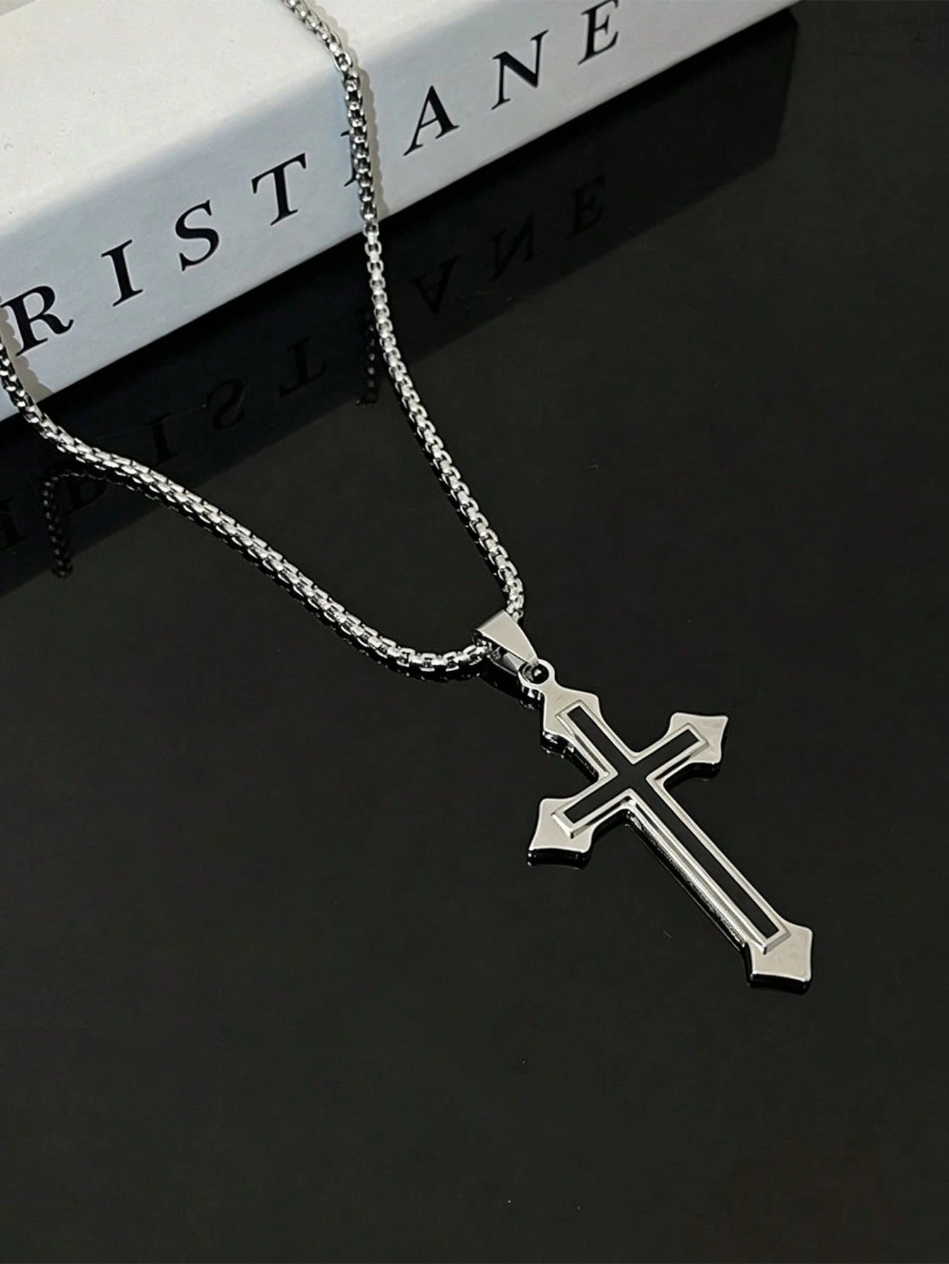 1pc Silver Dual-Tone Stainless Steel Cross Pendant Car Rearview Mirror Hanging Ornament, Box Chain Cross Pendant Car Interior Accessory, Multi-Purpose Car Interior Decorative Hanging Ornament, Also Ca