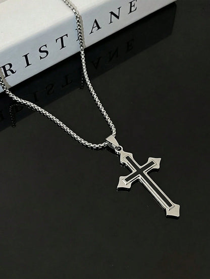 1pc Silver Dual-Tone Stainless Steel Cross Pendant Car Rearview Mirror Hanging Ornament, Box Chain Cross Pendant Car Interior Accessory, Multi-Purpose Car Interior Decorative Hanging Ornament, Also Ca