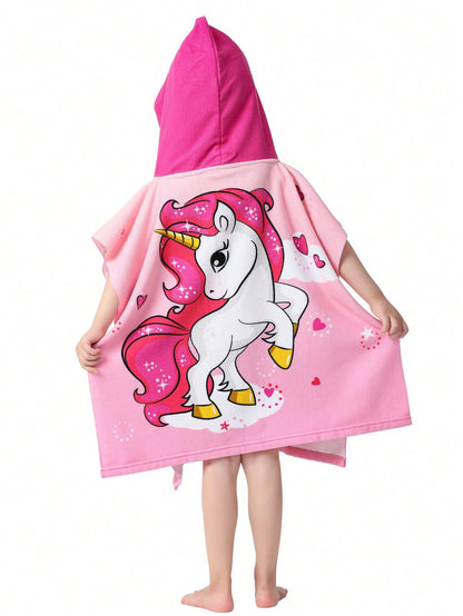 1pc Soft Microfiber Mermaid Print Swimsuit Cover-Up With Hood, Suitable For Children Aged 3-10, Beach Towel Shawl