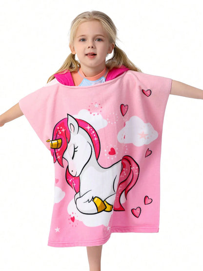 1pc Soft Microfiber Mermaid Print Swimsuit Cover-Up With Hood, Suitable For Children Aged 3-10, Beach Towel Shawl