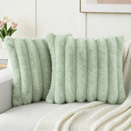 1pc Solid Color Cushion Cover Without Filler, Soft Faux Rabbit Fur Big Striped Cushion Cover, For Living Room Sofa
