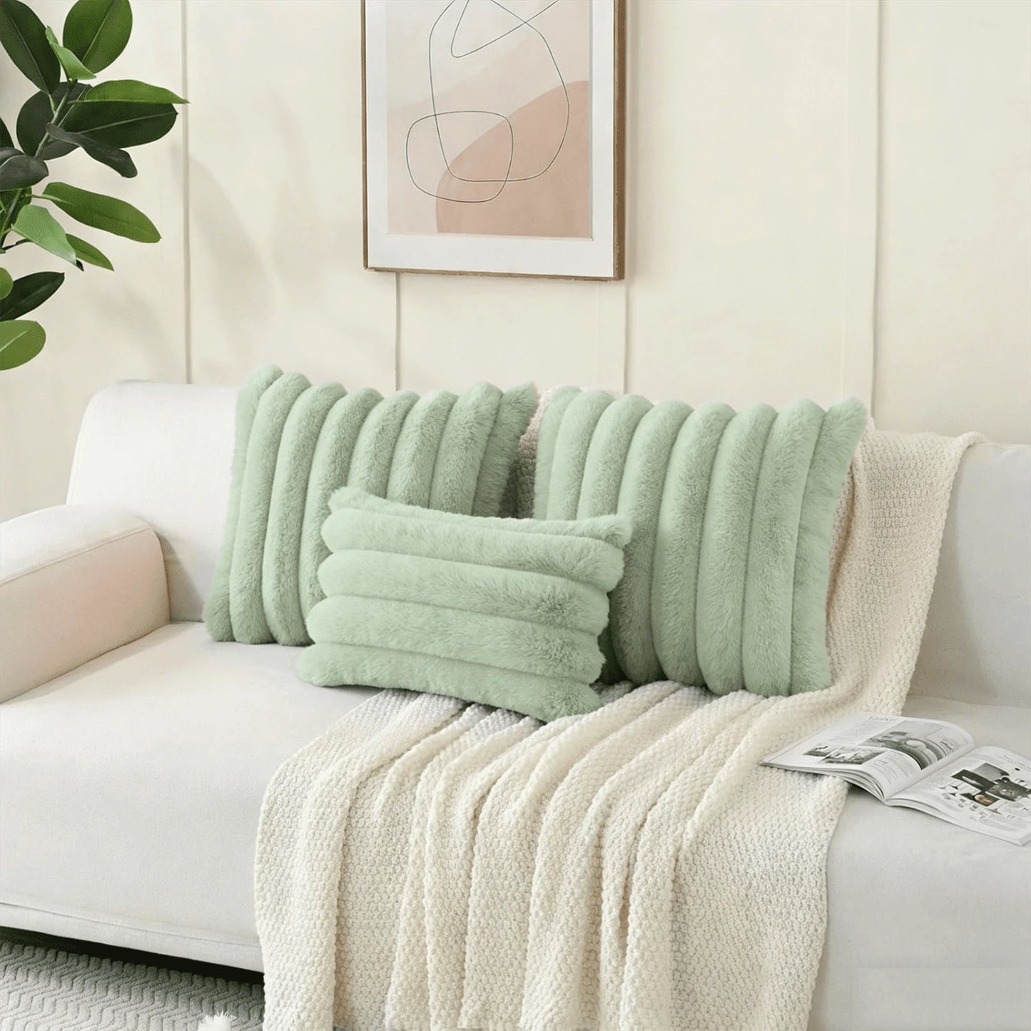 1pc Solid Color Cushion Cover Without Filler, Soft Faux Rabbit Fur Big Striped Cushion Cover, For Living Room Sofa
