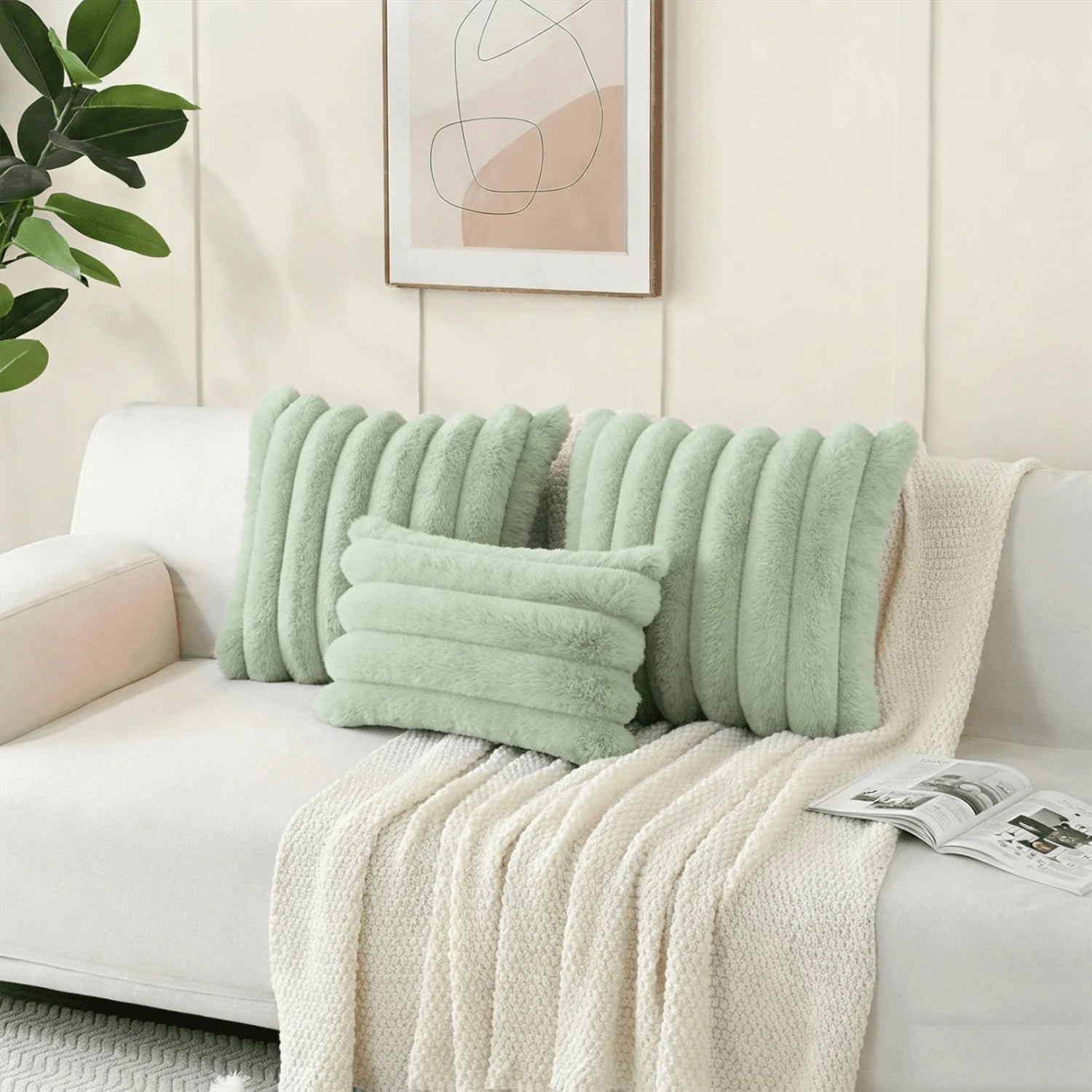 1pc Solid Color Cushion Cover Without Filler, Soft Faux Rabbit Fur Big Striped Cushion Cover, For Living Room Sofa