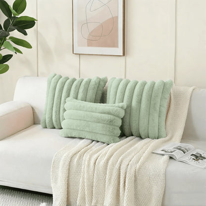 1pc Solid Color Cushion Cover Without Filler, Soft Faux Rabbit Fur Big Striped Cushion Cover, For Living Room Sofa