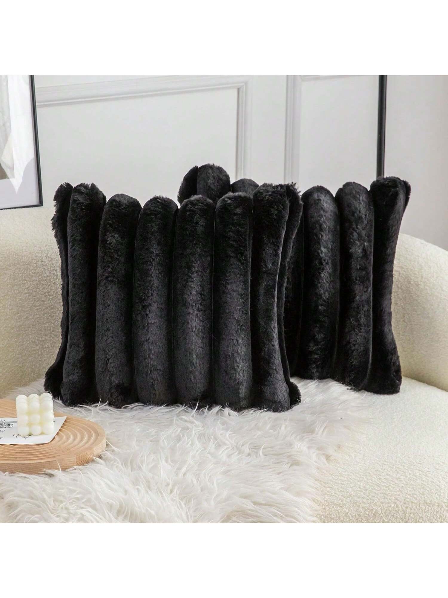 1pc Solid Color Cushion Cover Without Filler, Soft Faux Rabbit Fur Big Striped Cushion Cover, For Living Room Sofa