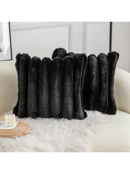 1pc Solid Color Cushion Cover Without Filler, Soft Faux Rabbit Fur Big Striped Cushion Cover, For Living Room Sofa
