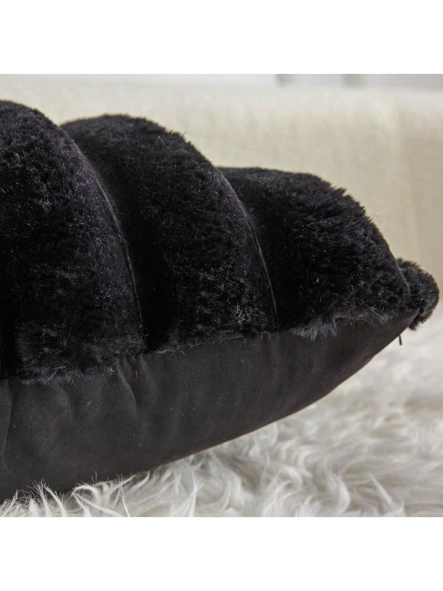 1pc Solid Color Cushion Cover Without Filler, Soft Faux Rabbit Fur Big Striped Cushion Cover, For Living Room Sofa