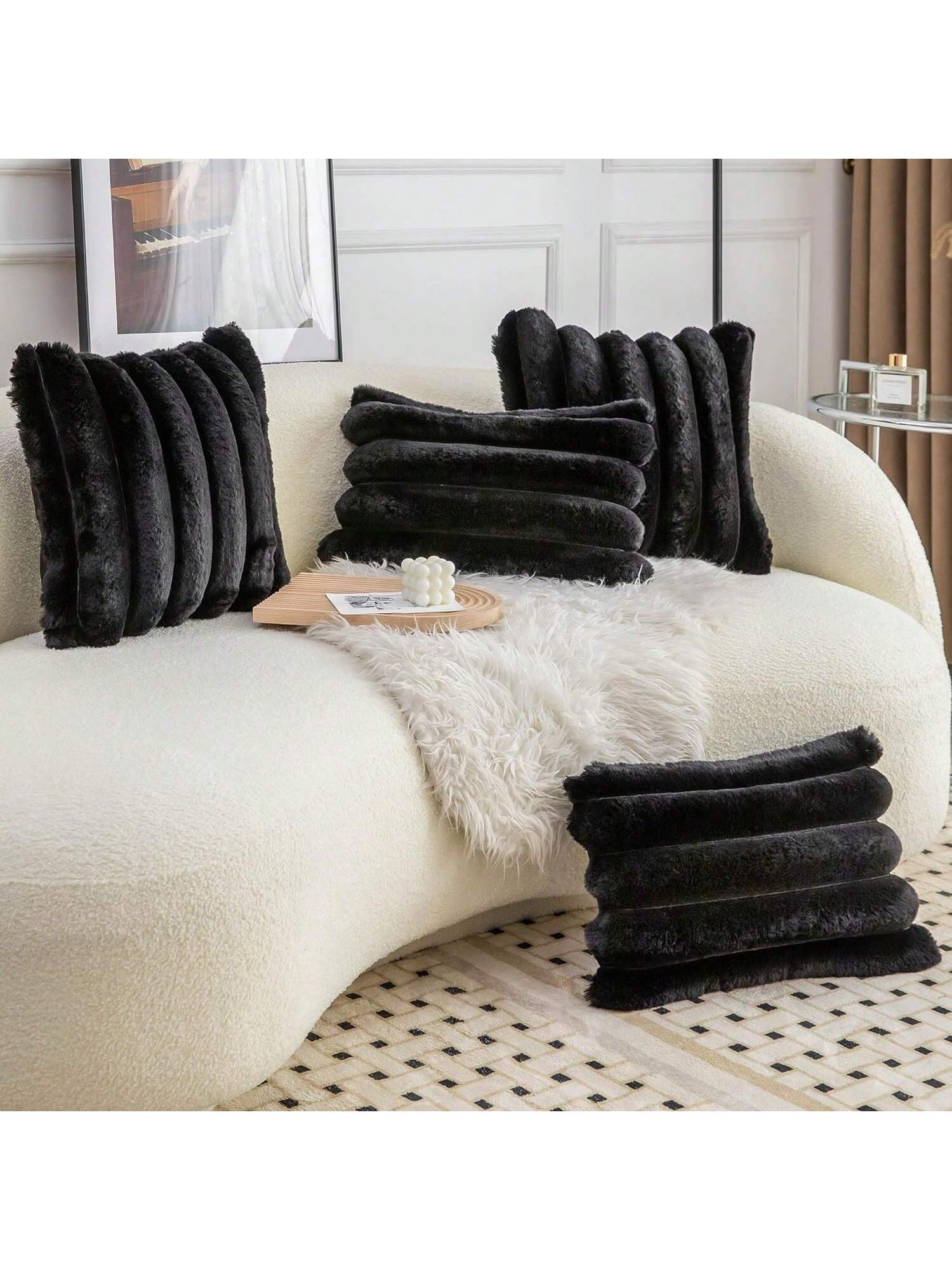 1pc Solid Color Cushion Cover Without Filler, Soft Faux Rabbit Fur Big Striped Cushion Cover, For Living Room Sofa