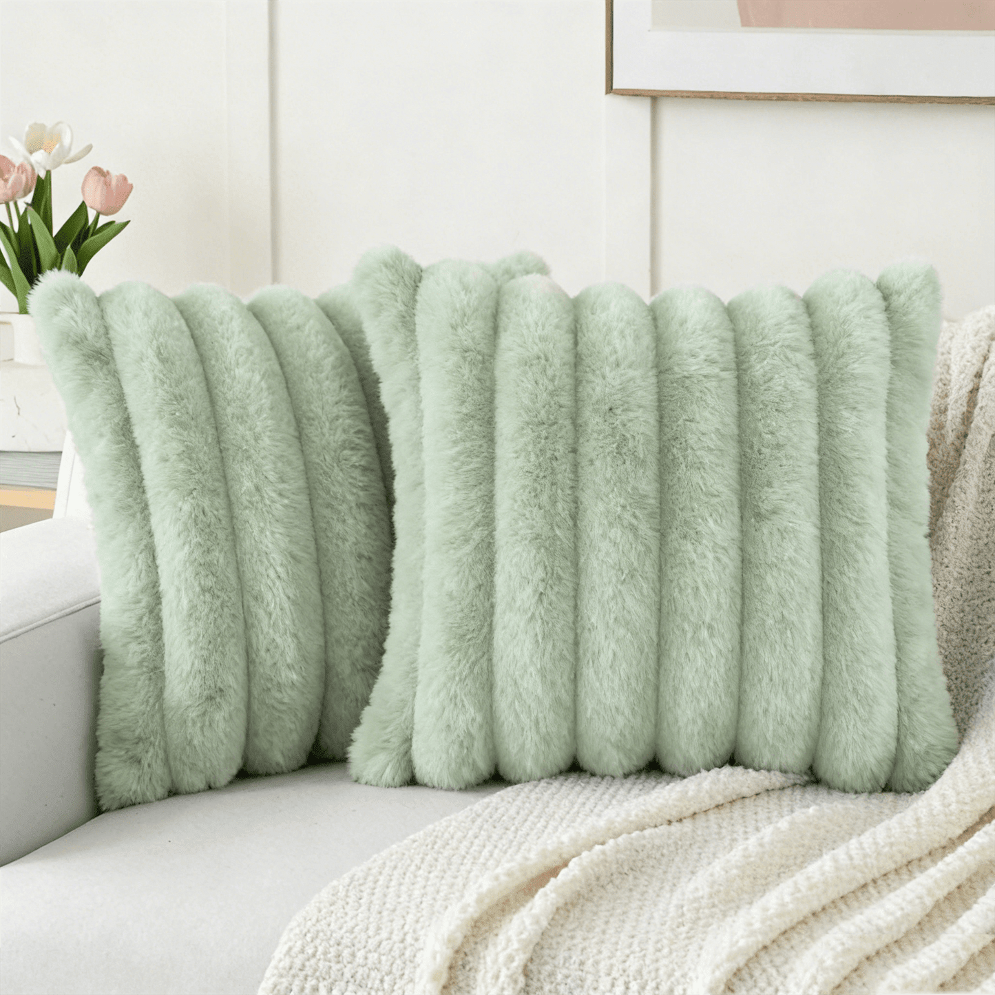 1pc Solid Color Cushion Cover Without Filler, Soft Faux Rabbit Fur Big Striped Cushion Cover, For Living Room Sofa