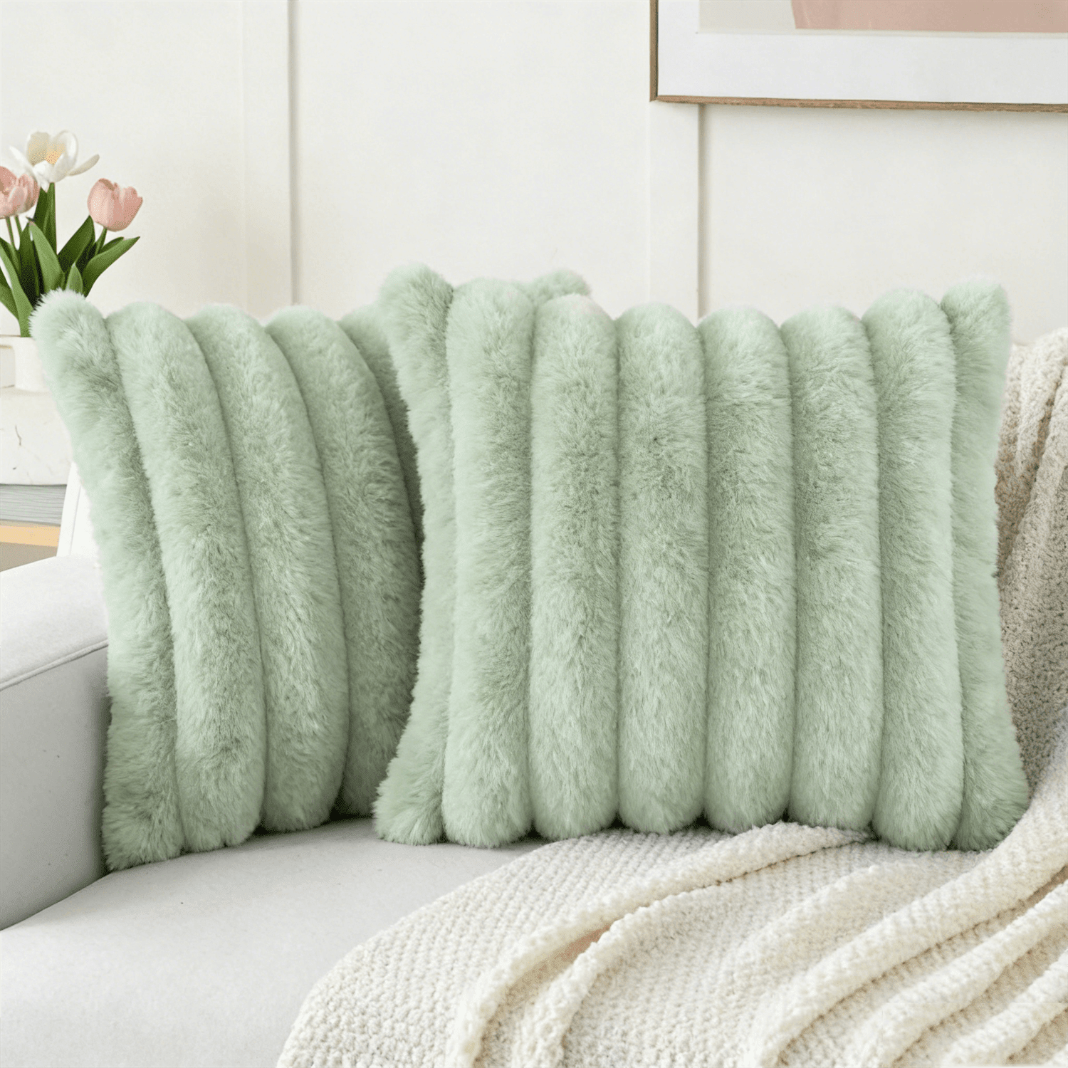1pc Solid Color Cushion Cover Without Filler, Soft Faux Rabbit Fur Big Striped Cushion Cover, For Living Room Sofa