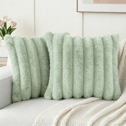 1pc Solid Color Cushion Cover Without Filler, Soft Faux Rabbit Fur Big Striped Cushion Cover, For Living Room Sofa