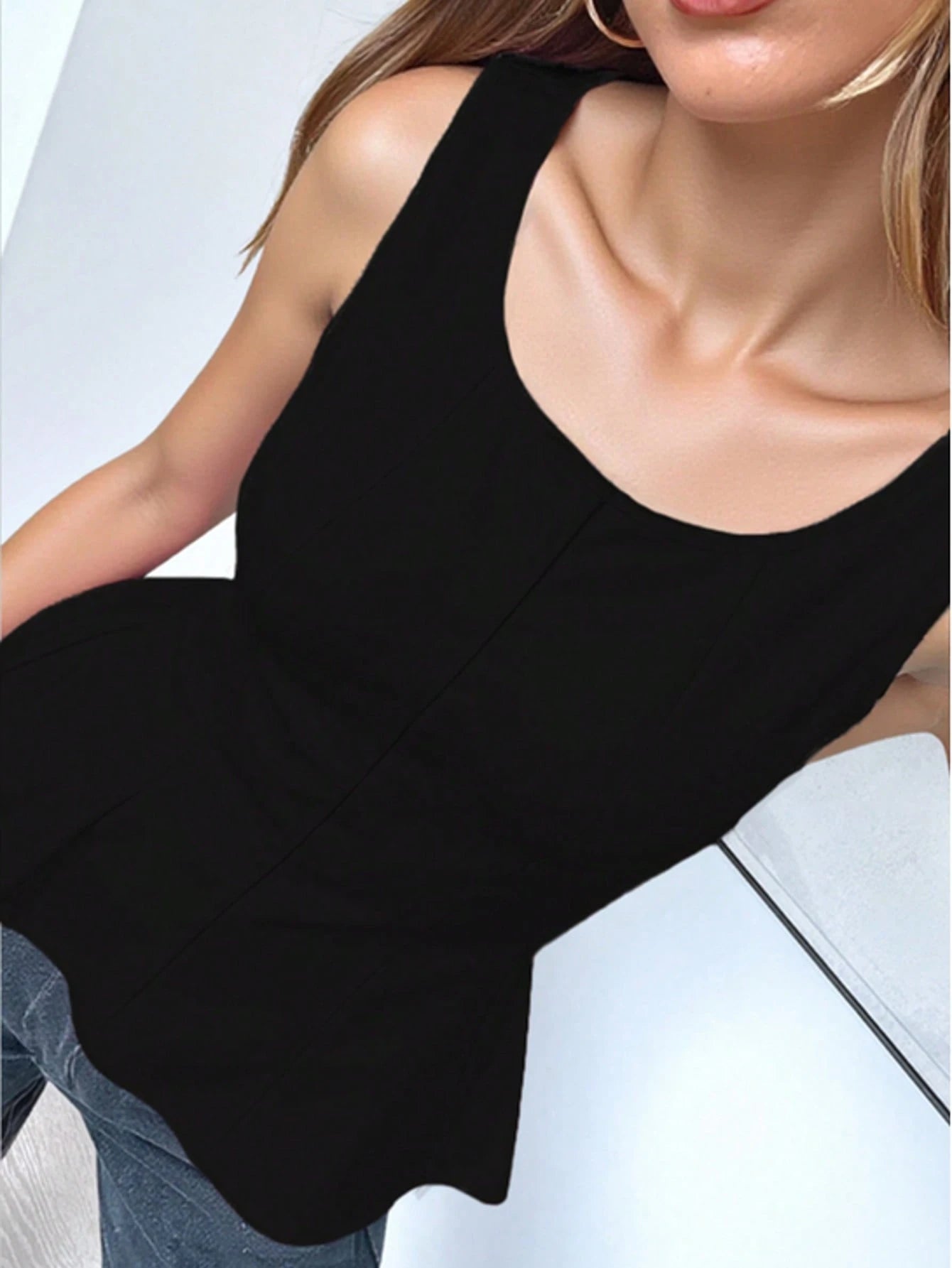 1pc Solid Color Knit Fabric Ruffle Hem Top, Casual Summer Wear Black, Chic & Elegant