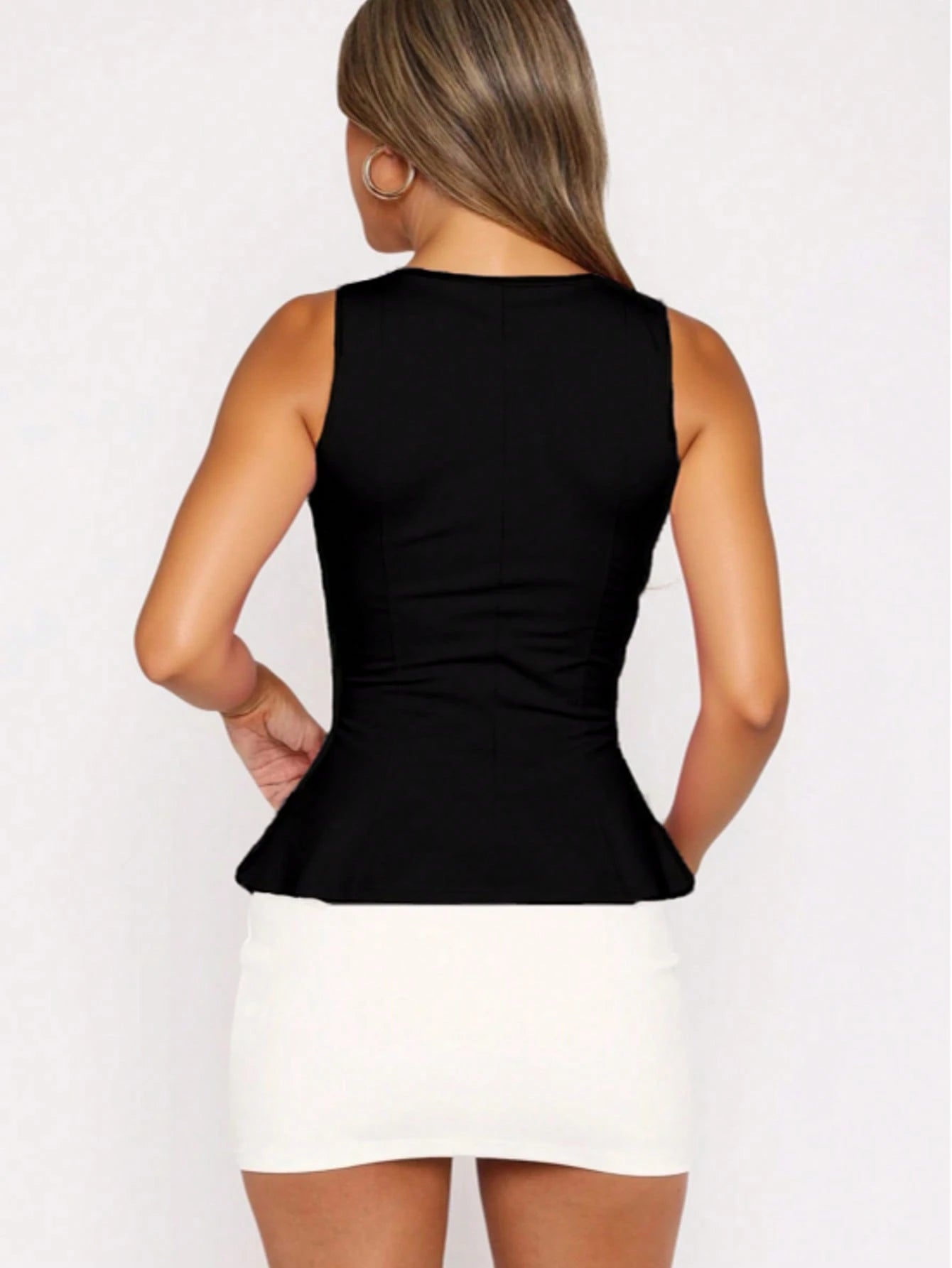 1pc Solid Color Knit Fabric Ruffle Hem Top, Casual Summer Wear Black, Chic & Elegant