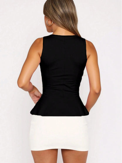 1pc Solid Color Knit Fabric Ruffle Hem Top, Casual Summer Wear Black, Chic & Elegant