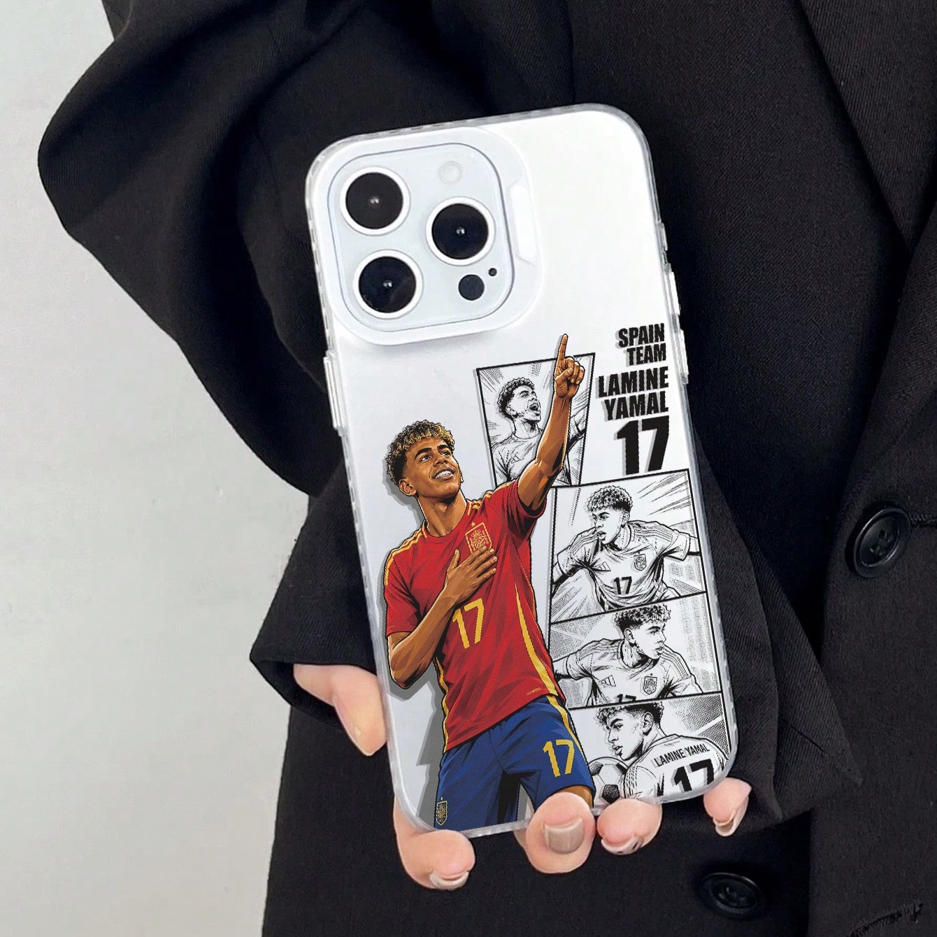 1pc Spanish Yamal #17 American Comic Panel Collage Full Coverage Anti-Drop Phone Case, Ins Retro Street Football Fan Unisex Niche Commemorative Gift Protective Cover, Compatible With IPhone17/17Pro/17