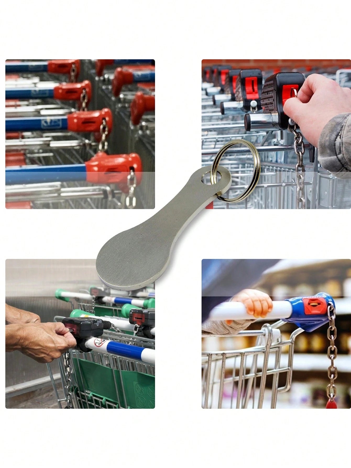1pc Stainless Steel Metal Keychain With Keyring, Carabiner, Shopping Cart Unlock Tool And Decorative Pendant, Reusable Shopping Cart Token Keychain, Alloy Keychain Accessory, Keychain Holder, Metal Ke