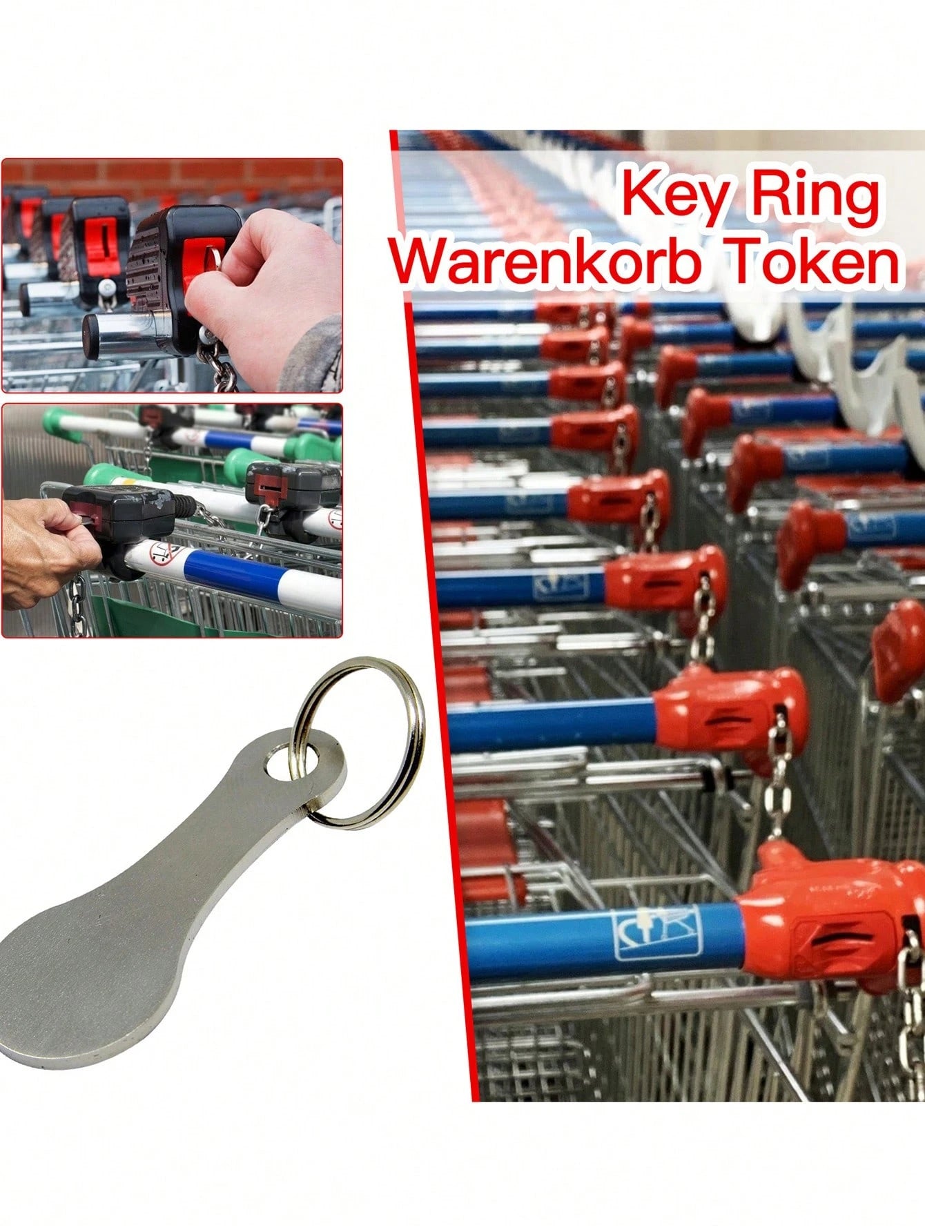 1pc Stainless Steel Metal Keychain With Keyring, Carabiner, Shopping Cart Unlock Tool And Decorative Pendant, Reusable Shopping Cart Token Keychain, Alloy Keychain Accessory, Keychain Holder, Metal Ke