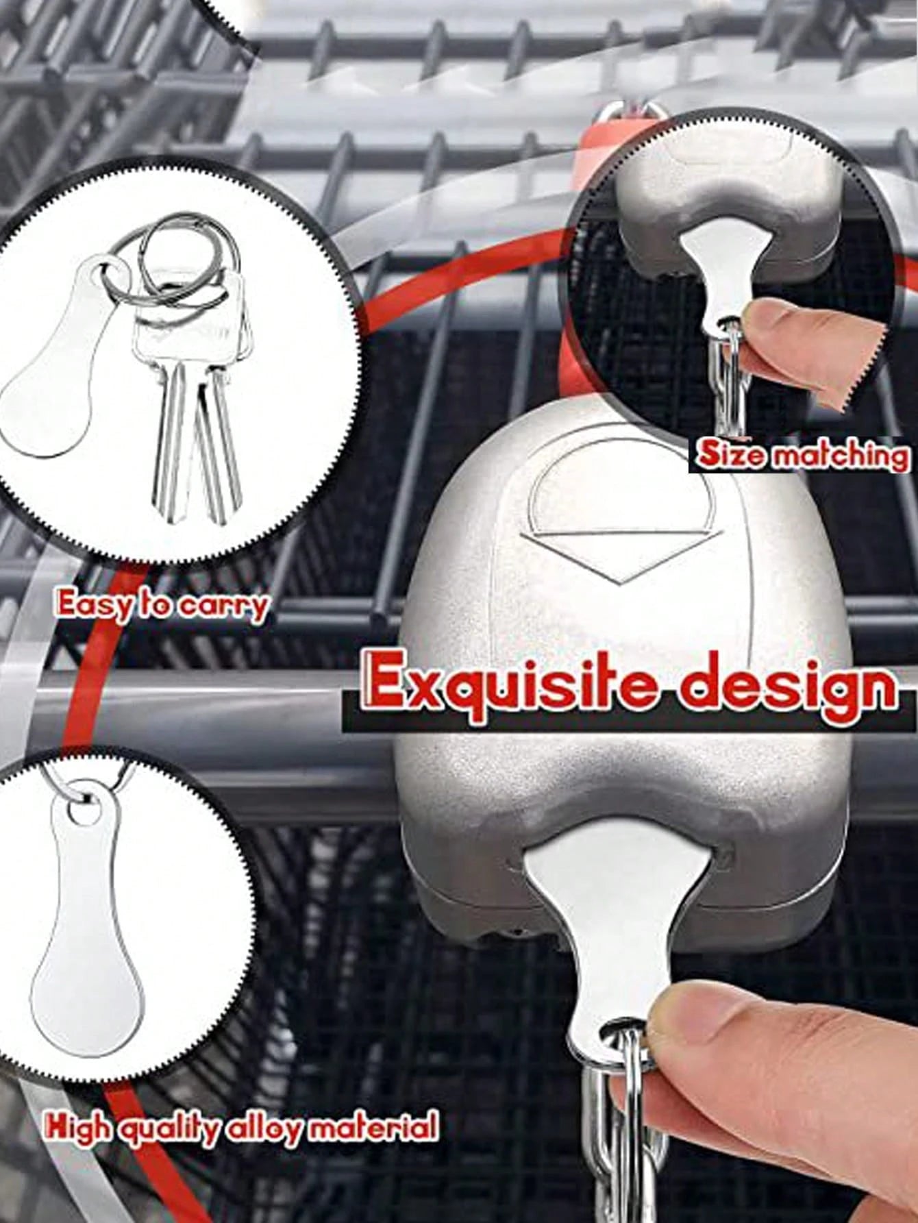 1pc Stainless Steel Metal Keychain With Keyring, Carabiner, Shopping Cart Unlock Tool And Decorative Pendant, Reusable Shopping Cart Token Keychain, Alloy Keychain Accessory, Keychain Holder, Metal Ke