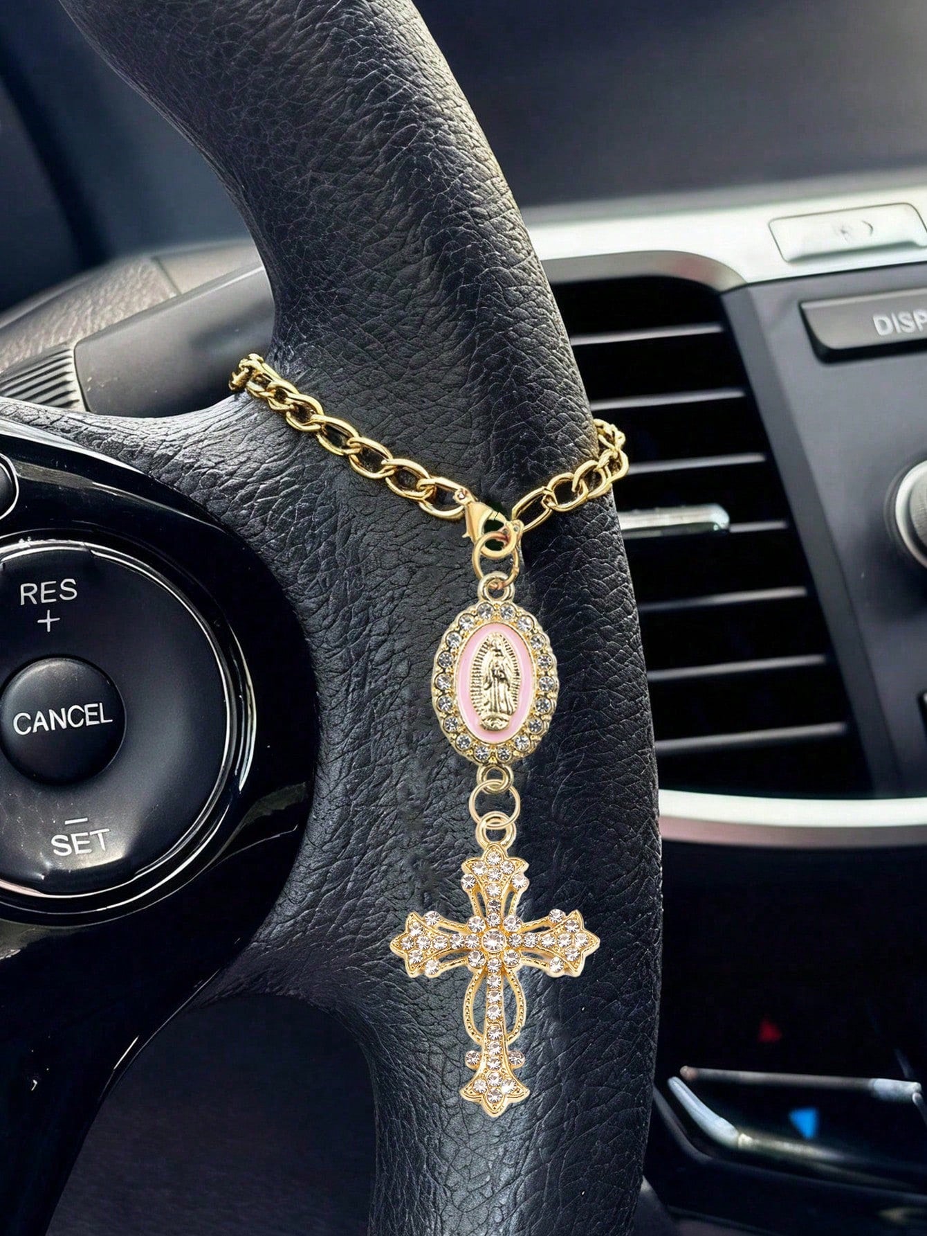 1pc Steering Wheel Decor- With Virgin Mary Pendant And Diamond Cross Accessory, Multi-Color Options; Catholic Pendant, Car Accessories, Cross Keychain, Adjustable Chain, Fashionable Accessory; Mother
